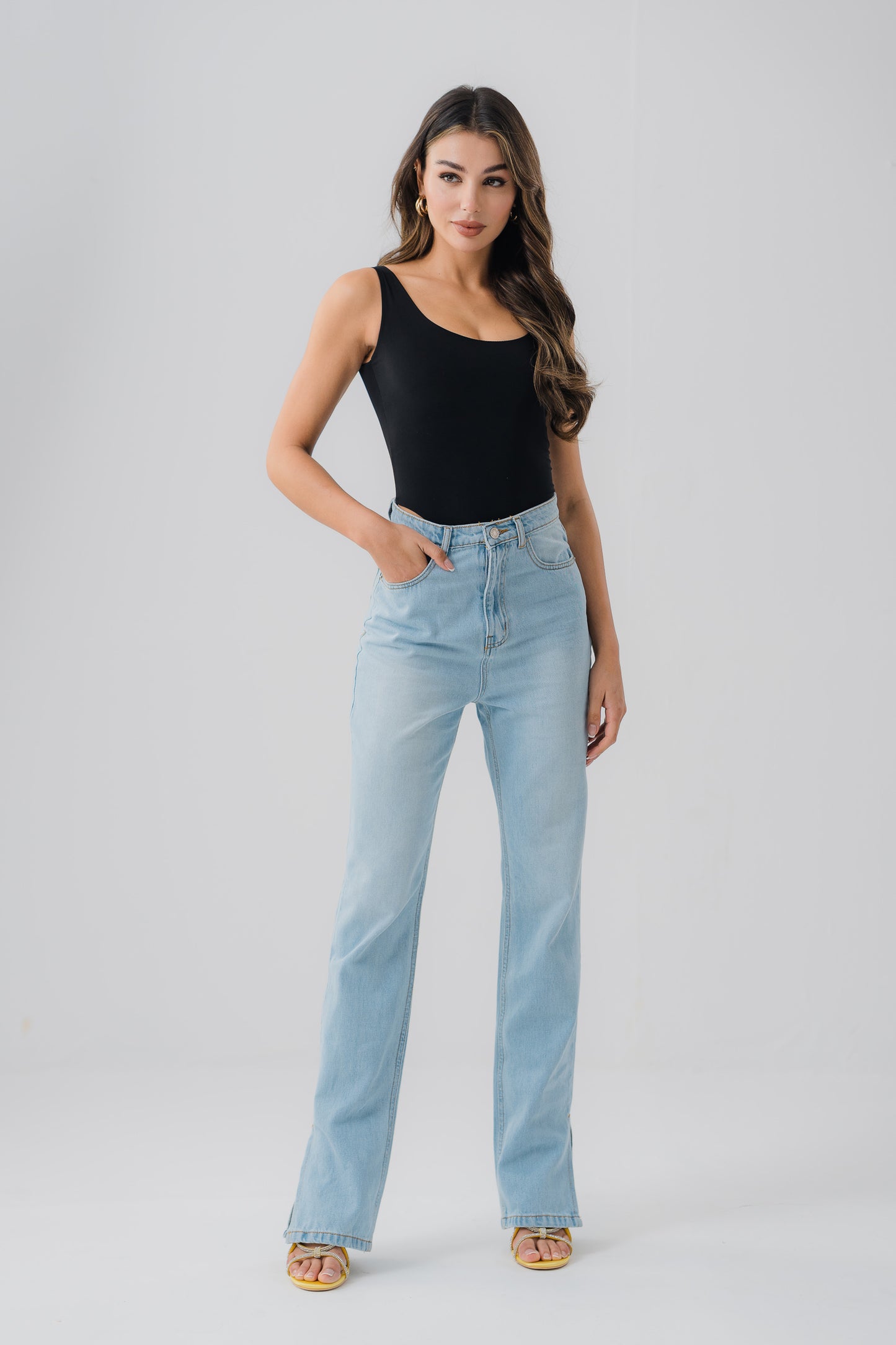 High Waisted Split Leg Jeans in Blue Wash