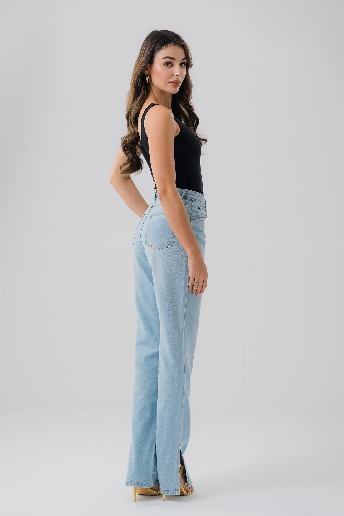 High Waisted Split Leg Jeans in Blue Wash