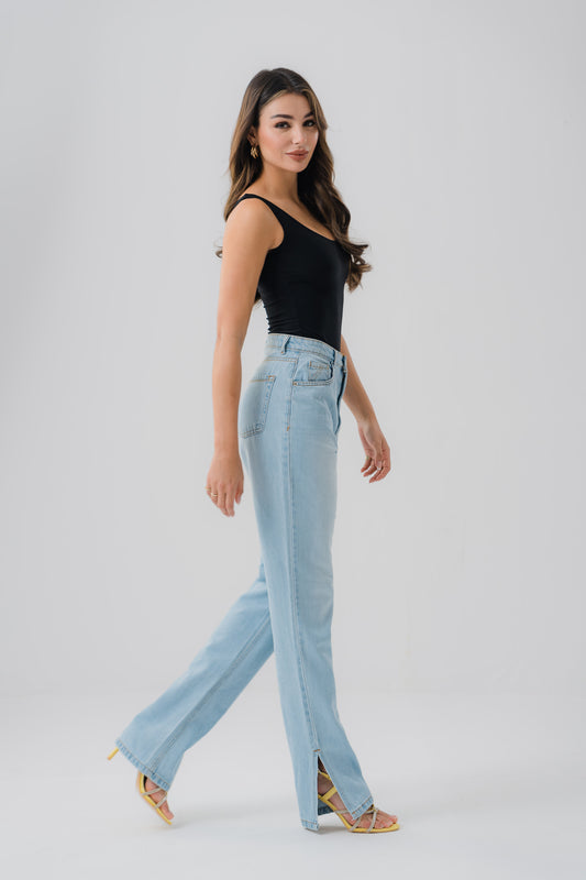 High Waisted Split Leg Jeans in Blue Wash