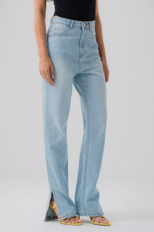 High Waisted Split Leg Jeans in Blue Wash