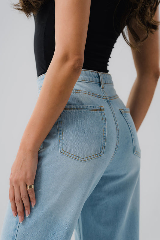 High Waisted Split Leg Jeans in Blue Wash