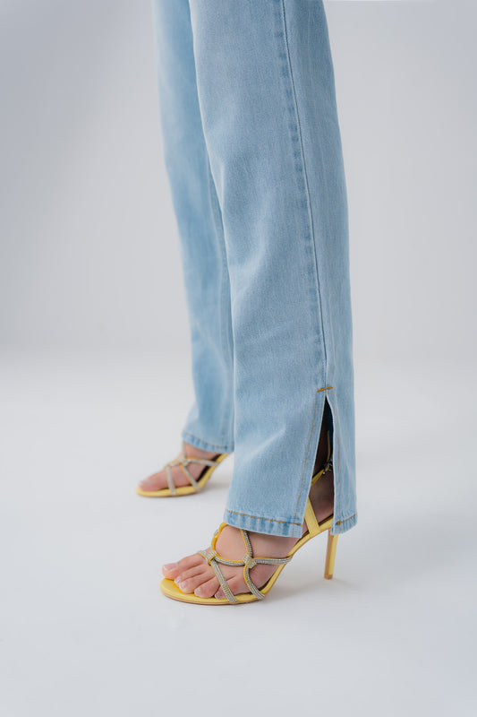 High Waisted Split Leg Jeans in Blue Wash