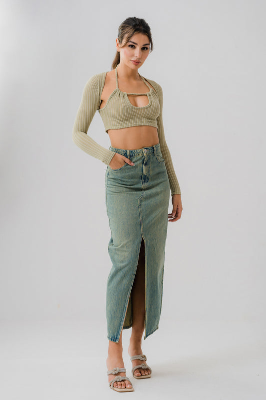 Vintage Wash Front Slit Denim Maxi Skirt