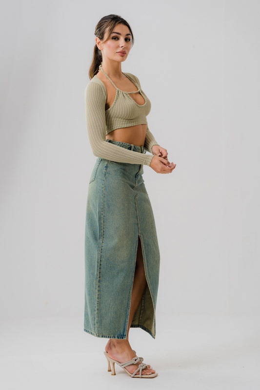 Vintage Wash Front Slit Denim Maxi Skirt