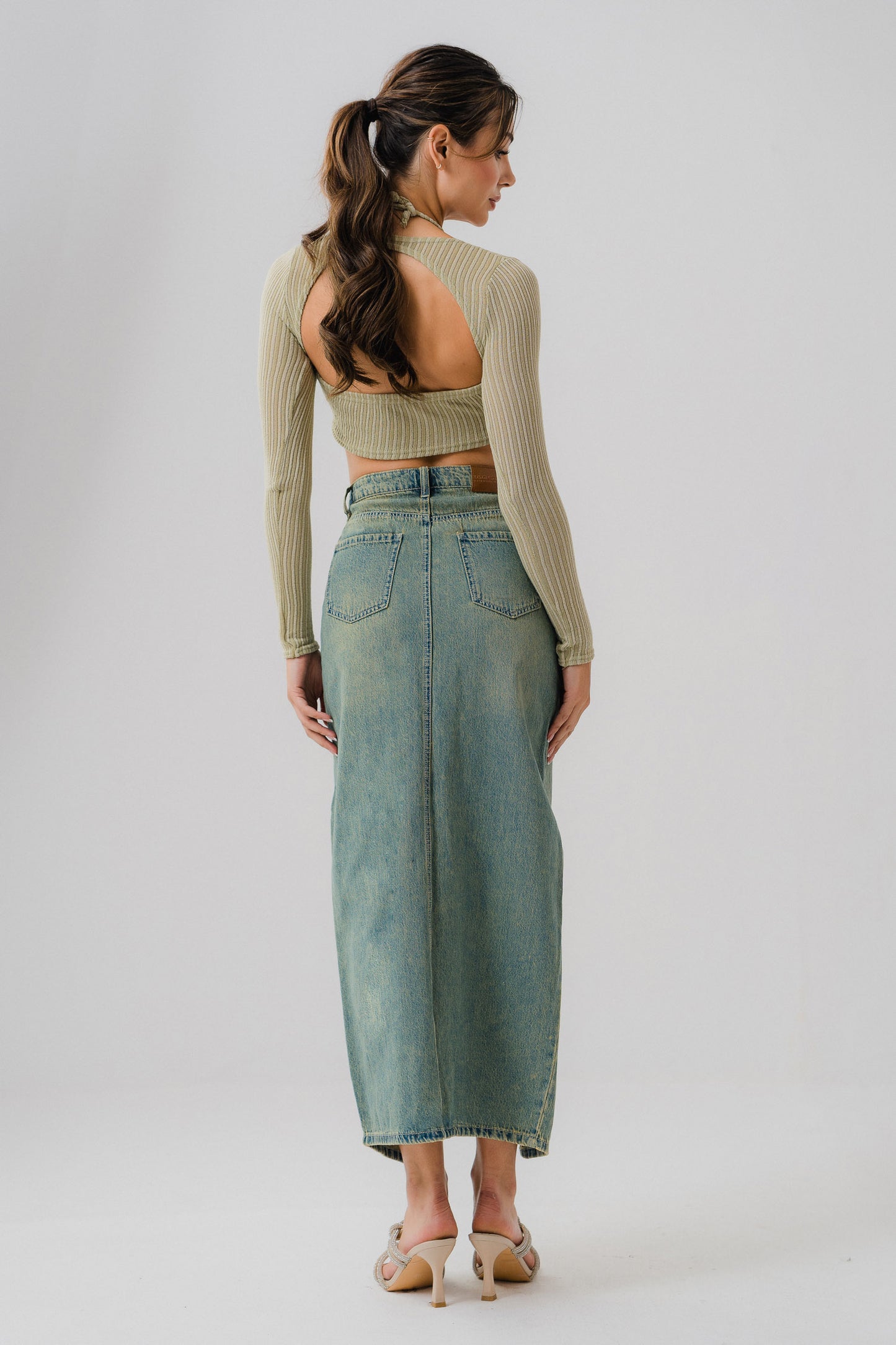 Vintage Wash Front Slit Denim Maxi Skirt