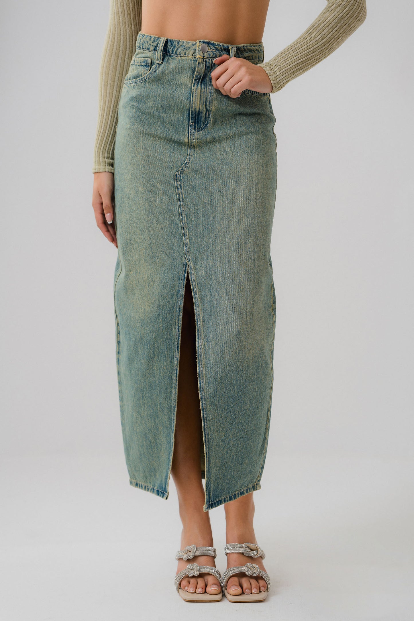 Vintage Wash Front Slit Denim Maxi Skirt