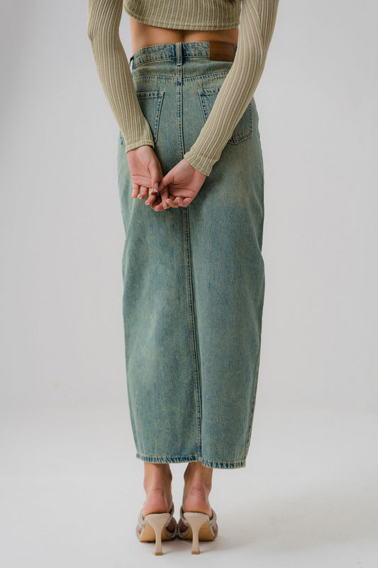 Vintage Wash Front Slit Denim Maxi Skirt