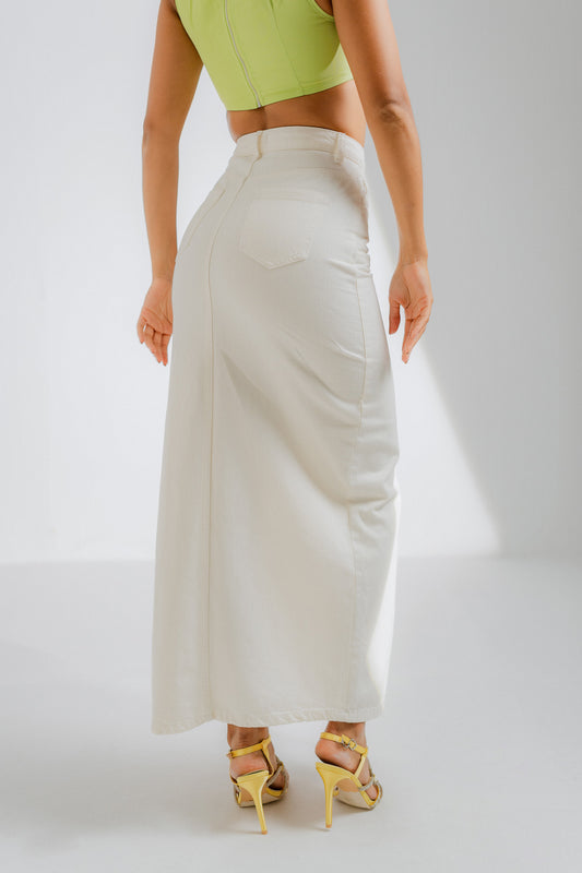 Curved Slit Denim Maxi White Skirt