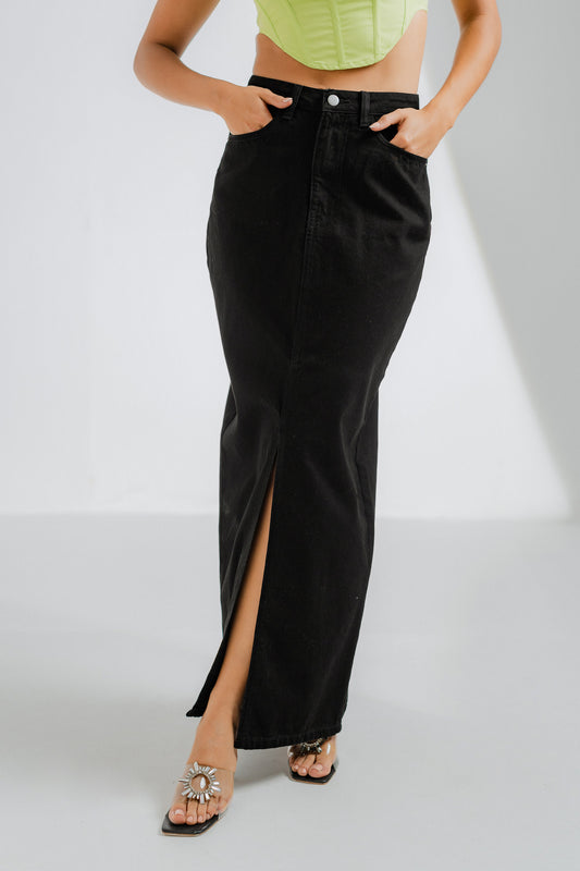 Front Slit Style Black Maxi Skirt