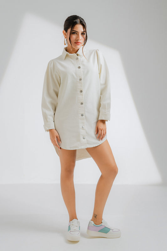 LONG SLEEVED WHITE DENIM DRESS