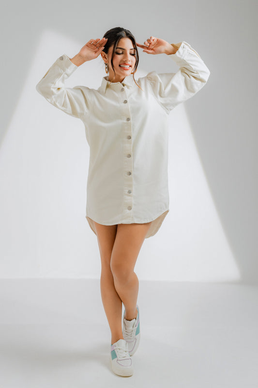 LONG SLEEVED WHITE DENIM DRESS